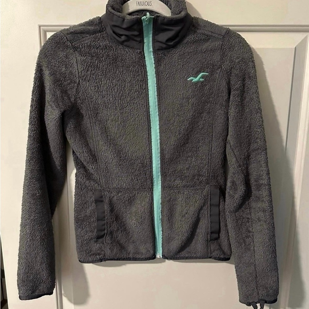 Hollister Gray Fleece Jacket with Teal Zipper